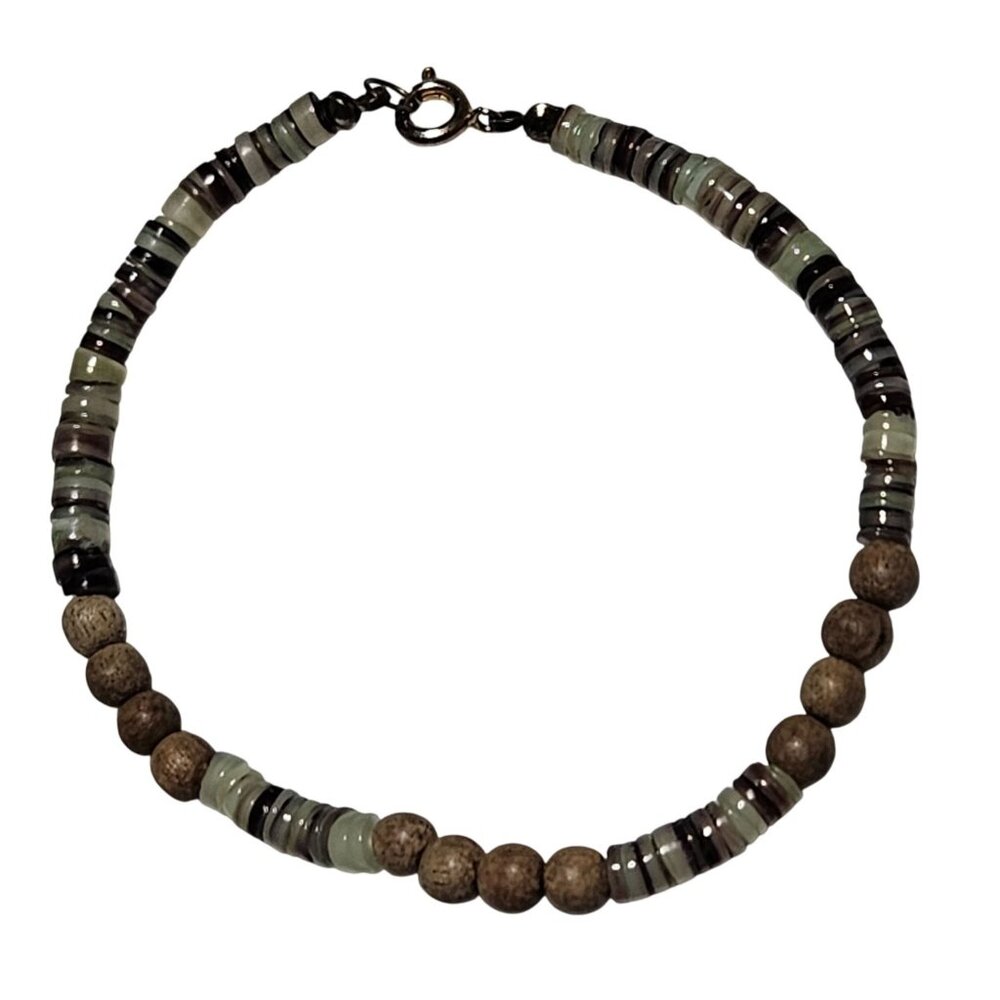 Handmade Boho Beaded Bracelet Wooden Glass Beads Neutral Tones Fashion Jewelry